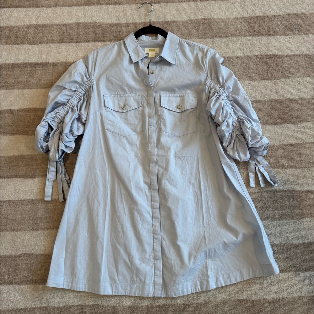 Maeve Light Blue Ruched Sleeve Shirt Dress